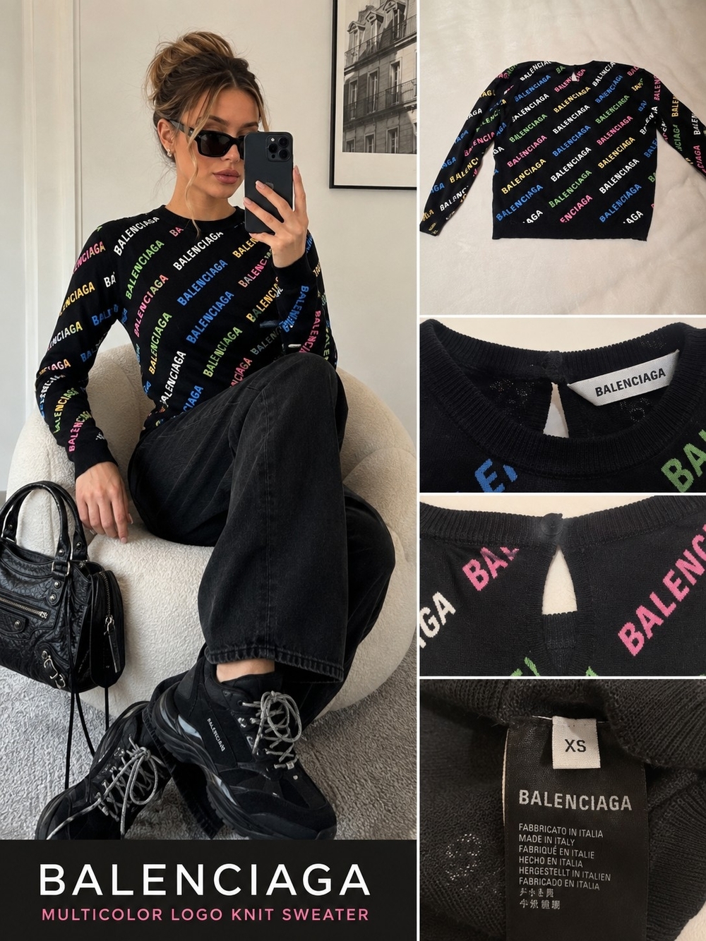 Balenciaga Women’s Black Multicolor Logo Knit Sweater